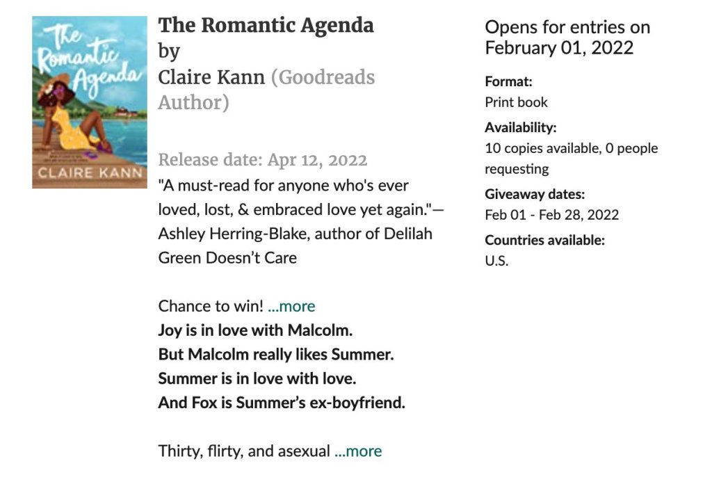 screenshot of Goodreads Giveaway page for THE ROMANTIC AGENDA